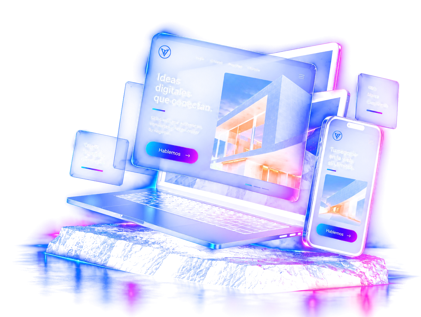 Laptop y celular mostrando un sitio web, sobre una roca con luz azul y morada.