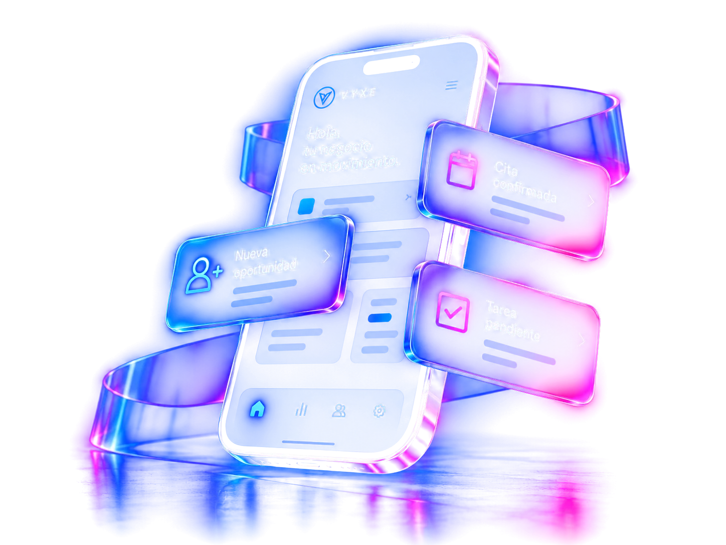 Celular con la app de VYXE y avisos de nueva oportunidad, cita confirmada y tarea pendiente.